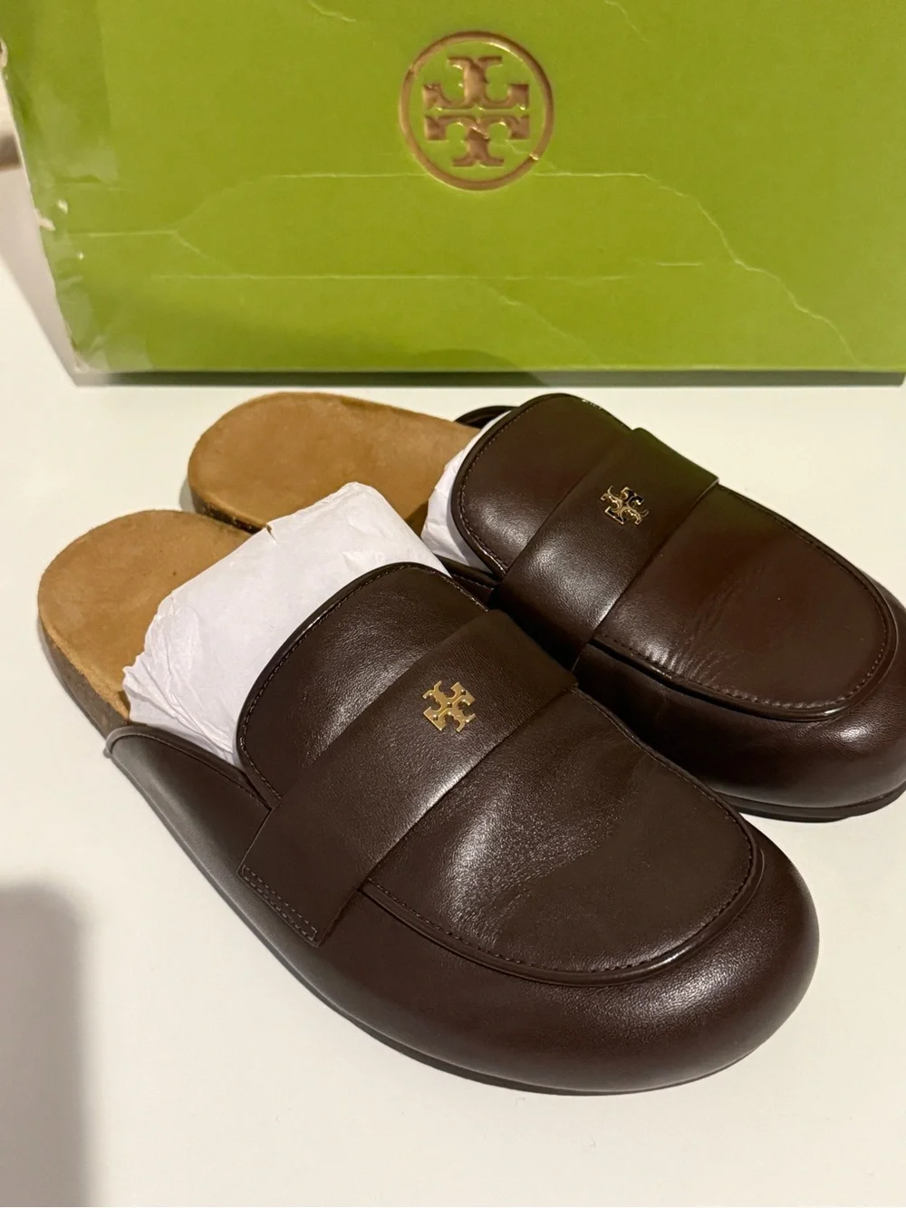 Tory Burch Everly cork leather mules deep mocha brown size 6.5 like new w/box